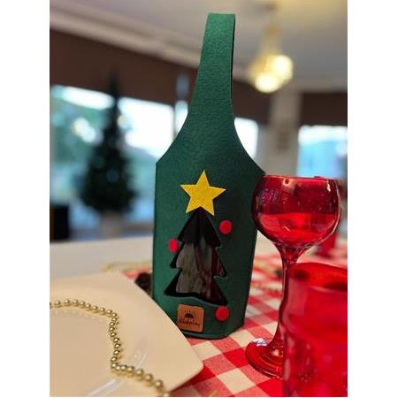 Şişe Taşıma Çantası - Yılbaşı Hediyesi Şarap Şişe Çantası - Parti Hediyelik Şişe Kılıfı - Çam Ağacı