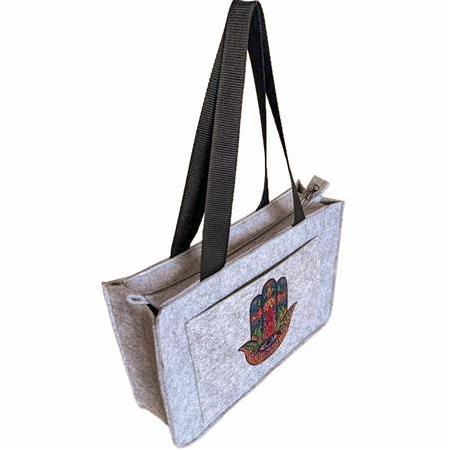 EK.BS.037 Orta Boy Fermuarlı Omuz Çantası - Baskılı Keçe Çanta - Fatma Ananın Eli - 35x25x9 cm