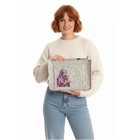 EK.BS.038 Orta Boy Fermuarlı Omuz Çantası - Baskılı Keçe Çanta - Mor Düşler - 35x25x9 cm