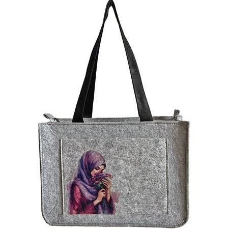 EK.BS.038 Orta Boy Fermuarlı Omuz Çantası - Baskılı Keçe Çanta - Mor Düşler - 35x25x9 cm