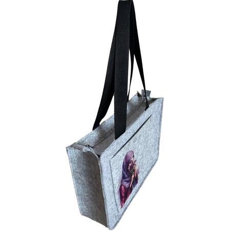 EK.BS.038 Orta Boy Fermuarlı Omuz Çantası - Baskılı Keçe Çanta - Mor Düşler - 35x25x9 cm