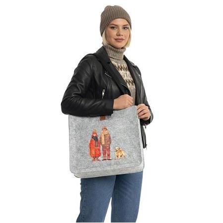 EK.BS.039 Büyük Boy Fermuarlı Omuz Çantası - Baskılı Keçe Çanta - Bu Kış Birlikte - 40x33x9 cm