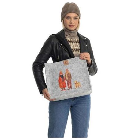 EK.BS.039 Büyük Boy Fermuarlı Omuz Çantası - Baskılı Keçe Çanta - Bu Kış Birlikte - 40x33x9 cm