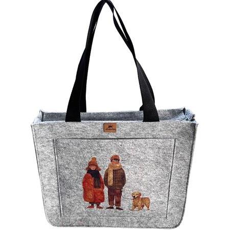 EK.BS.039 Büyük Boy Fermuarlı Omuz Çantası - Baskılı Keçe Çanta - Bu Kış Birlikte - 40x33x9 cm