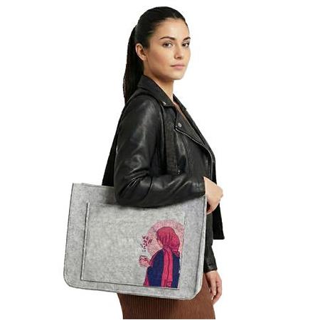 EK.BS.040 Büyük Boy Fermuarlı Omuz Çantası - Baskılı Keçe Çanta - Hayallerin Kanatlanışı - 40x33x9cm