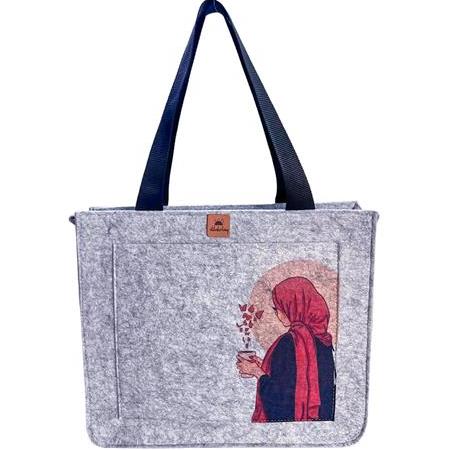 EK.BS.040 Büyük Boy Fermuarlı Omuz Çantası - Baskılı Keçe Çanta - Hayallerin Kanatlanışı - 40x33x9cm