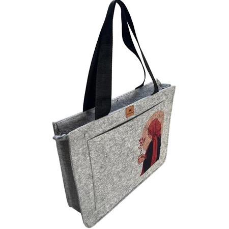 EK.BS.040 Büyük Boy Fermuarlı Omuz Çantası - Baskılı Keçe Çanta - Hayallerin Kanatlanışı - 40x33x9cm