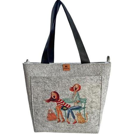 EK.BS.041 Büyük Boy Fermuarlı Omuz Çantası - Baskılı Keçe Çanta - Neşeli Günler - 40x33x9 cm