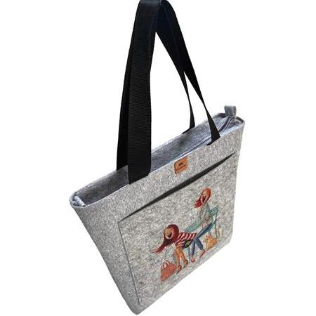 EK.BS.041 Büyük Boy Fermuarlı Omuz Çantası - Baskılı Keçe Çanta - Neşeli Günler - 40x33x9 cm