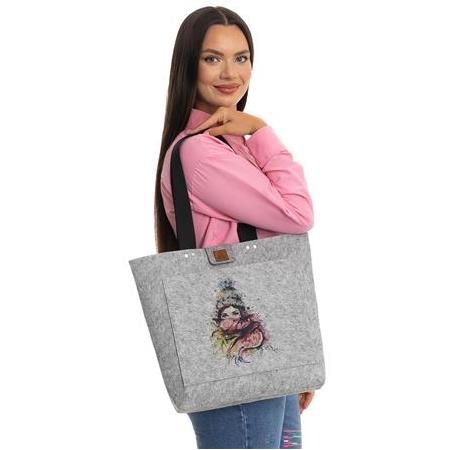 EK.BS.028 Büyük Boy Omuz Çantası - Baskılı Keçe Çanta - Atkılı Kız - 40x33 cm