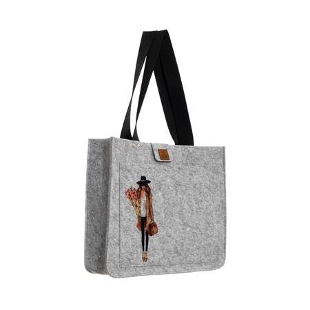 EK.BS.024 Büyük Boy Omuz Çantası - Baskılı Keçe Çanta - Ellerimde Çiçekler - 40x33x10 cm