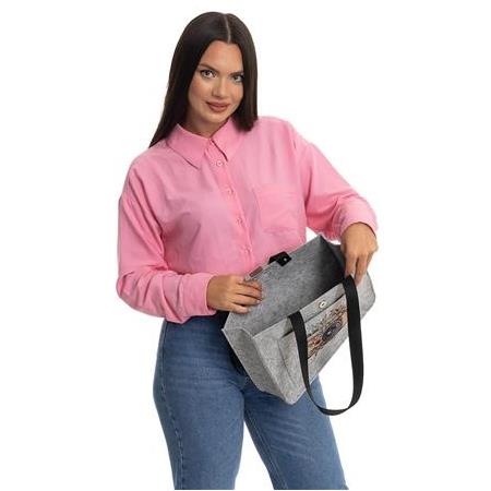 EK.BS.020 Orta Boy Omuz Çantası - Baskılı Keçe Çanta - Retro Kamera - 35x25x9 cm
