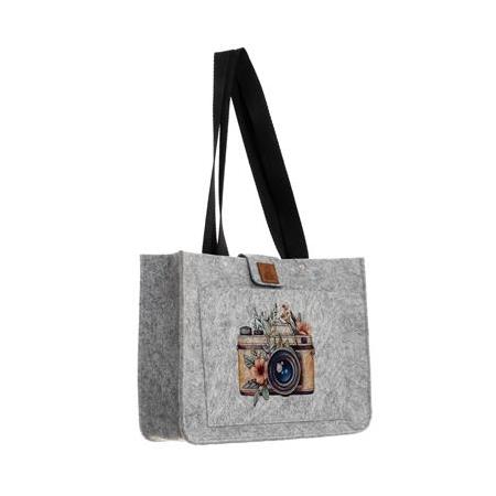 EK.BS.020 Orta Boy Omuz Çantası - Baskılı Keçe Çanta - Retro Kamera - 35x25x9 cm
